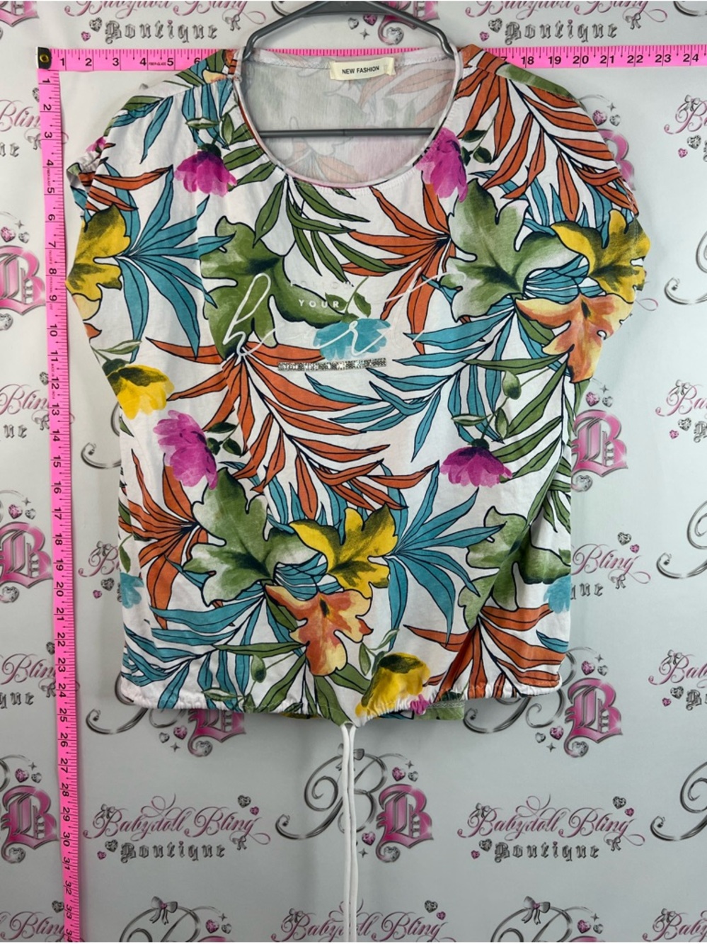 New fashion tshirt tropical tie up hem Floral Short Sleeve Tee - White Multi